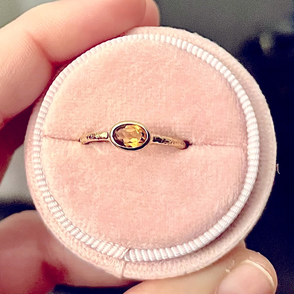 14k Solid Gold Golden Topaz Hammered Bezel Stacking Ring